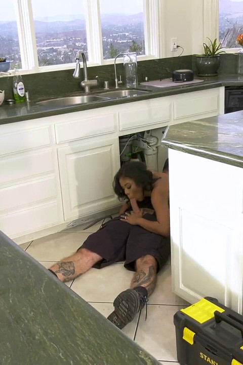 Repair man prepares Nia Nacci's pussy for her husband