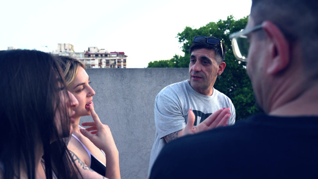 My neighbors (Blonde ass and Busty brunette) invite us to a WILD QUARTET