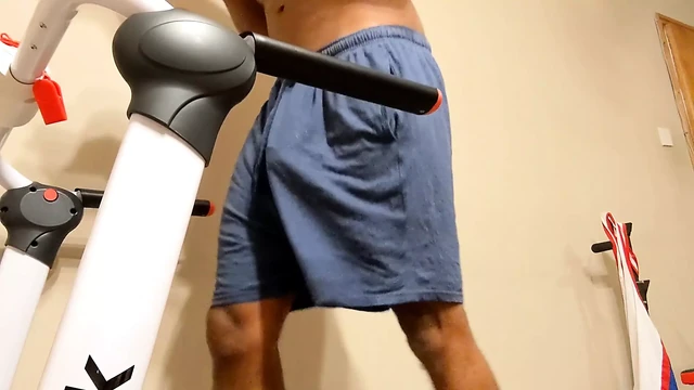 Candid View British Roadman Wearing Tight Blue Shorts Bulge On Treadmill