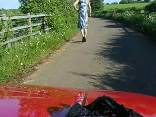 Crossdresser flashing in the countryside