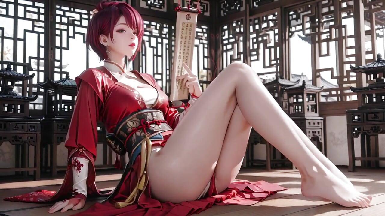 높은 슬릿 기모노를 입은 보라색 머리의 워 메이든은 불타는 시선과 젖은 금지된 속삭이로 눈을 놀리기 위해 무릎을 꿇습니다.