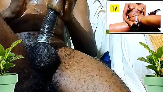 Solo masturbation with eggplant and bottle while watching hot porn video till I got CUM. Fucking as if it was real Pussy!