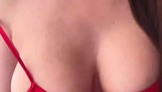 Big milky tits neighbor in a red dress