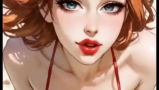 Cute Redhead Bikini Moaning on Beach, Ai Animation