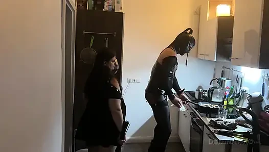 Dominant MILF Stretches Latex Sub's Ass Wide in Kitchen