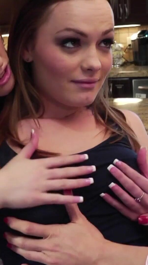 Healing her broken heart by seducing the lesbian brunette with a trimmed fanny in the kitchen | Clip 1
