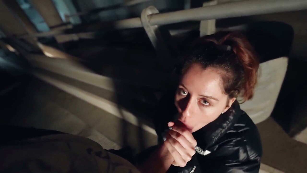 Risky Public Facial & Cumwalk in the Car Park W/ Shiny Puffy Jacket