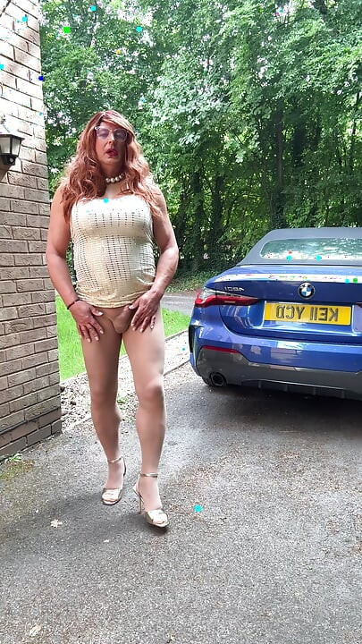 Sexy kellycd2022 in gold backless dress and seamless pantyhose and heels