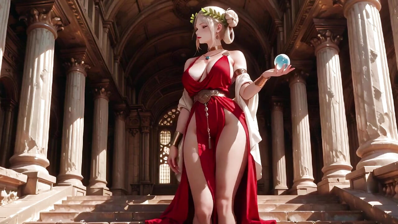 Blonde Goddess in Red! Forbidden Gaze in the Ancient Corridor, Deep V & High Slit teasing you.