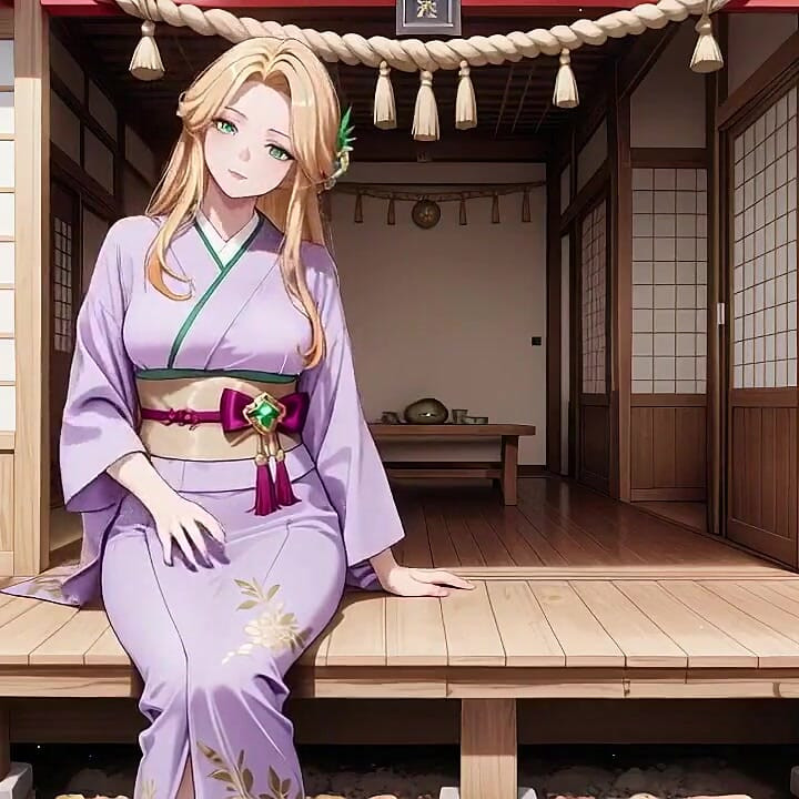 Blonde in Lavender! Kneeling Barefoot Under the Red Torii Gate, Her Andouf Fluttering in the Breeze
