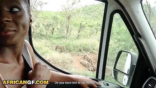 Horny Ebony Girlfriend Deep Throats Big White Cock On a Safari Trip
