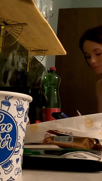 Emotional moment from "No panties no bra girlfriend in the kitchen with a nightie satin pyjama"