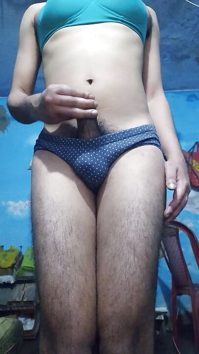 Indian Sissy Femboy Crossdresser with Phimosis Dick Jerking and Stroking While Wearing His Step Sister's Bra and Panties