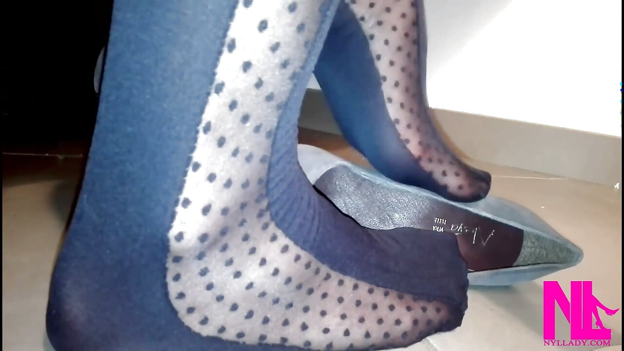 Sensual Shoeplay in Grey Patent Pumps and Blue Charmant Pantyhose