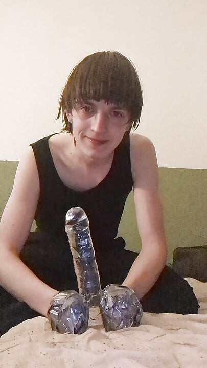 selfbondage mittens and dildo sucking
