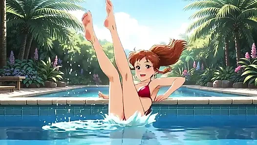 Yapay zekalı kız havuzda şehvetli bir şekilde - studio ghibli style