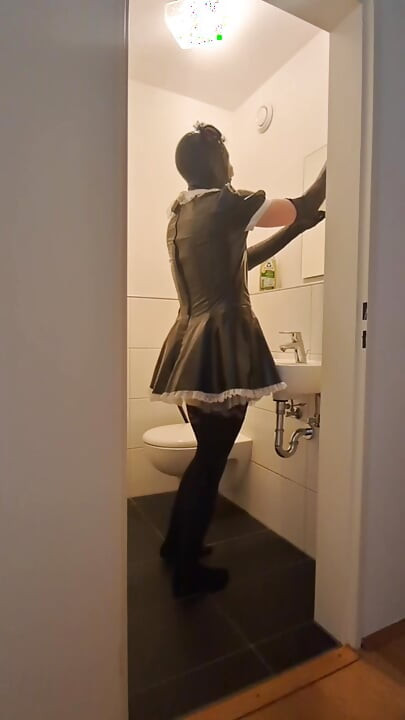 Caged Sissy Maid Slave - Cleaning the Bathroom for Mistress and Her Boyfriend