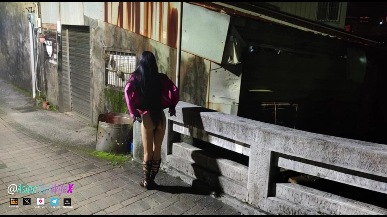 Asian Slut Wife Night Walk in Pink Panty