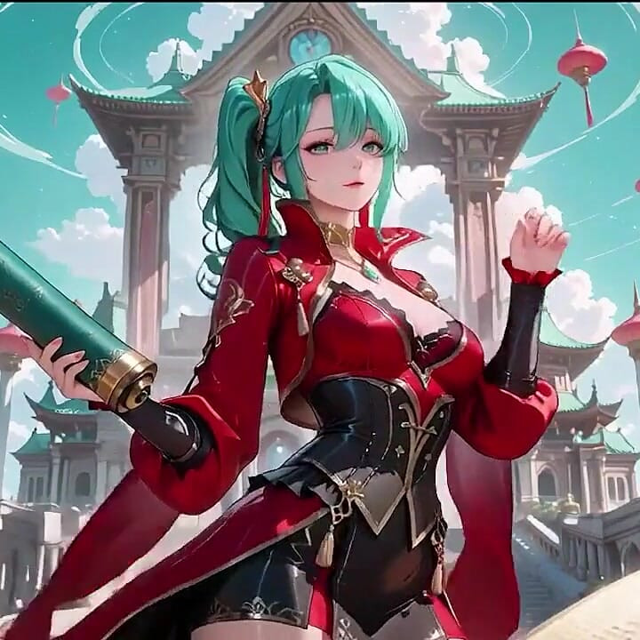 The Red-clad Blade's Private Tease! Green-haired Warrior in a Black-red Battle Robe, Commanding yet Shy on the Floating Terrace.