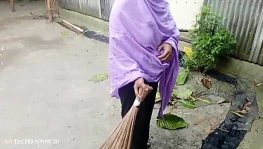 Girl Sweeping the Yard Naked in the Rain - Outdoor Scene