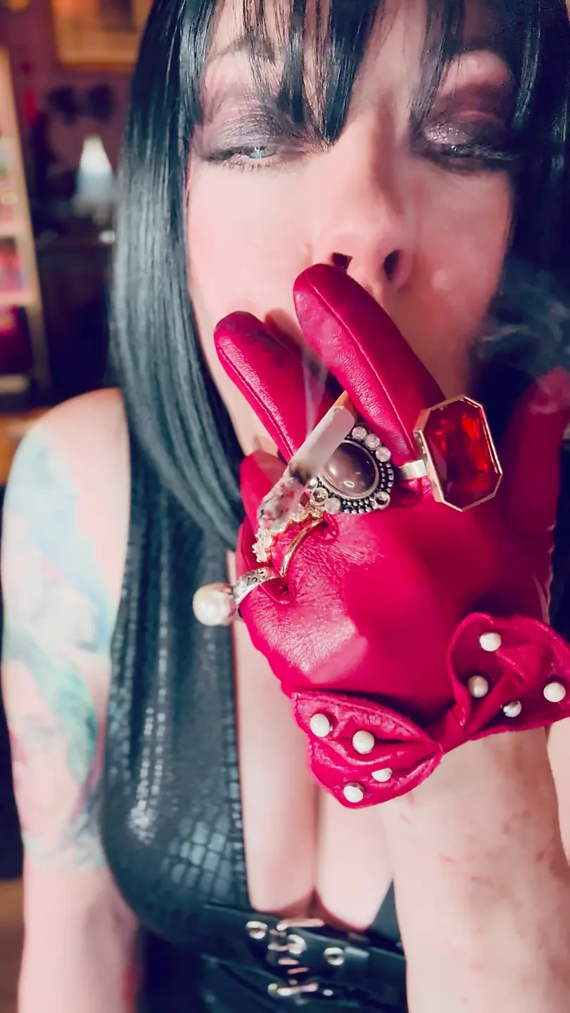 Red Leather Gloves & Rings! Smoking Tart Tina Snua Smokes A Cigarette & Shows Off Her Gloves - Smoker