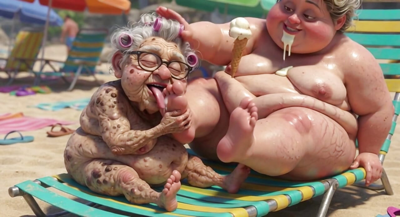 Elderly Granny Passionately Sucking BBW Feet on the Beach