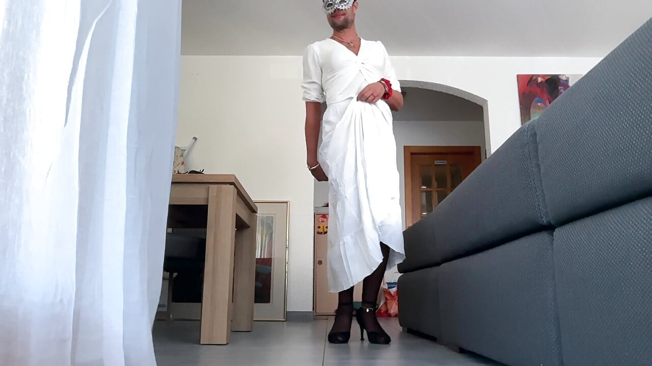 Exposed femboy Xunami in sexy high heels and black nylon