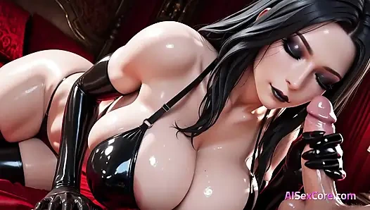 Cewek semok dengan kosmetik lateks hitam ini dientot habis-habisan sampai wajahnya menganga lebar (ai sex)