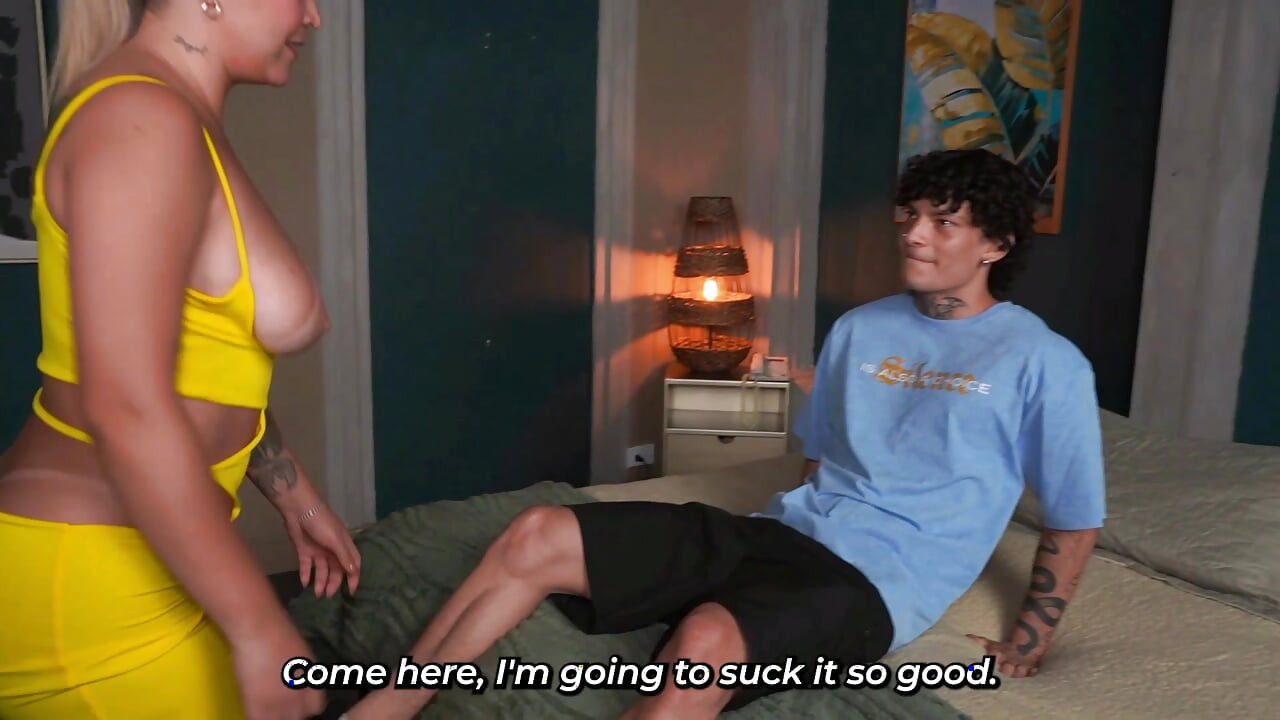Big-breasted stepmother enjoys her husband's absence to fuck her stepson