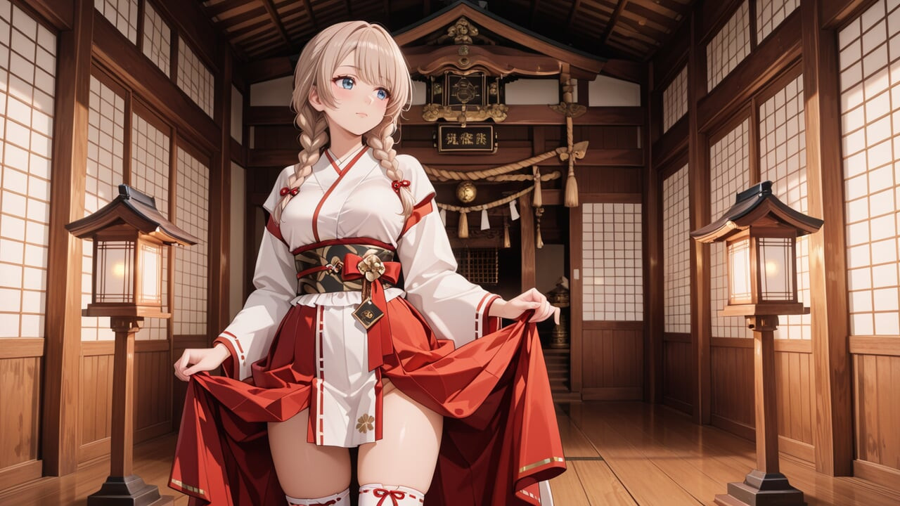 Red & White Miko! Forbidden Encounter at the Shrine, Golden Hair Trembling Under Sacred Robes, From Solemn Kneel to Blurry Gaze
