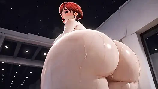 Rasierte reife milf mit roten haaren neckt ihre massiven kurven im weißen studio