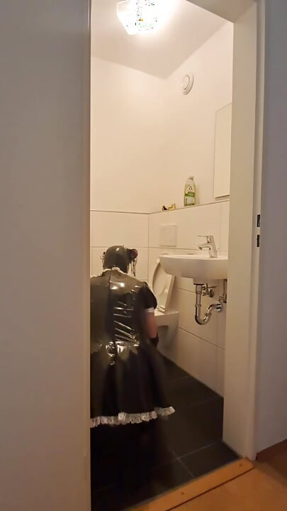 Caged Sissy Maid Slave - Cleaning the Bathroom for Mistress and Her Boyfriend