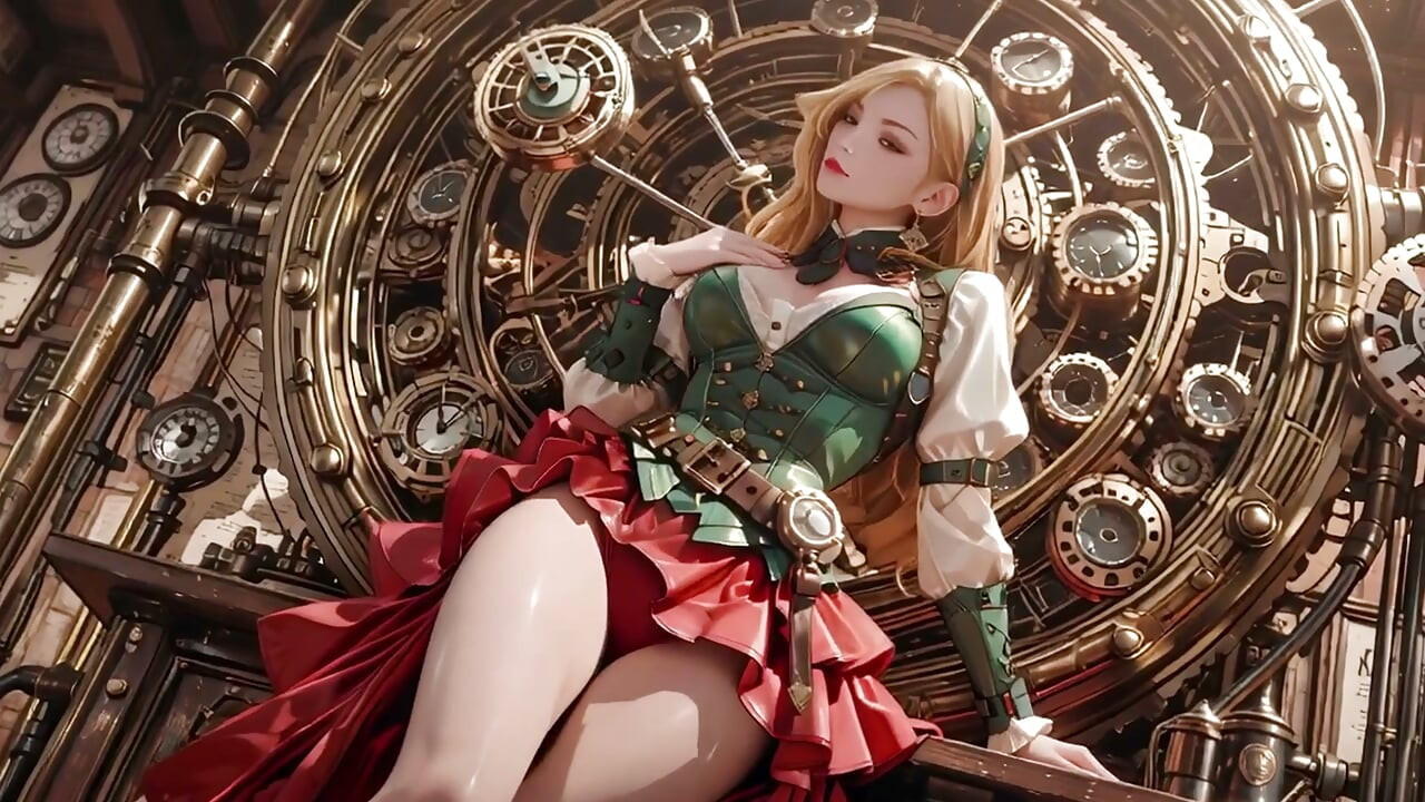 Steampunk Blonde Secretary! Lazy poses amidst giant gears, adjusting goggles with a teasing gaze.