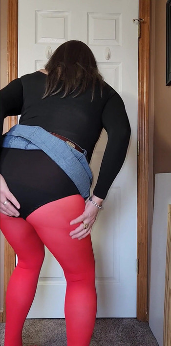 Jaw-dropping moment from "CD tease. Pantyhose, leotard, skirt. Feeling myself all over."