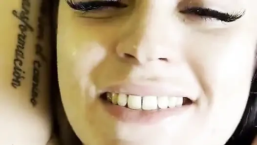 Petite slut Holy Machiavelli getting a big load of cum in her mouth