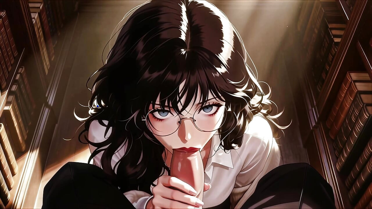 glasses beautiful woman , the private study session in the library.Super temptation. AI generated