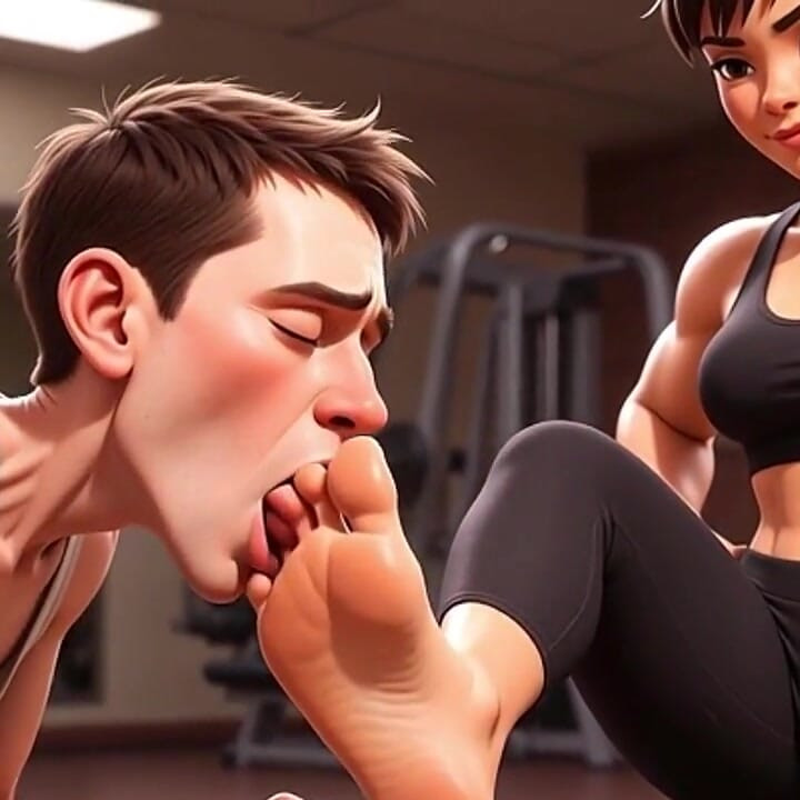 Strong Muscular Woman Makes Skinny Slave Lick Her Feet