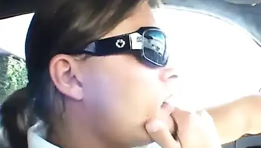 Ebony honey sucks white dude's pole in the car then they go home to fuck