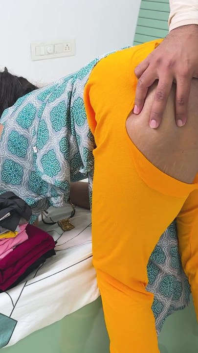 Komal was cleaning her mistress Madam's house, folding her clothes and the owner started kicking her ass from behind. | Clip 1