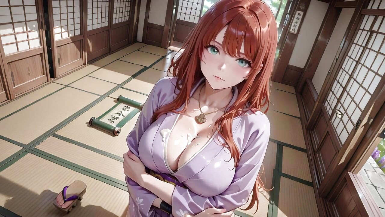 Red-haired Kimono Goddess! Kneeling Under the Sacred Torii Gate, She Adjusts Her Soaked Backless Outfit with a Shy Gaze.