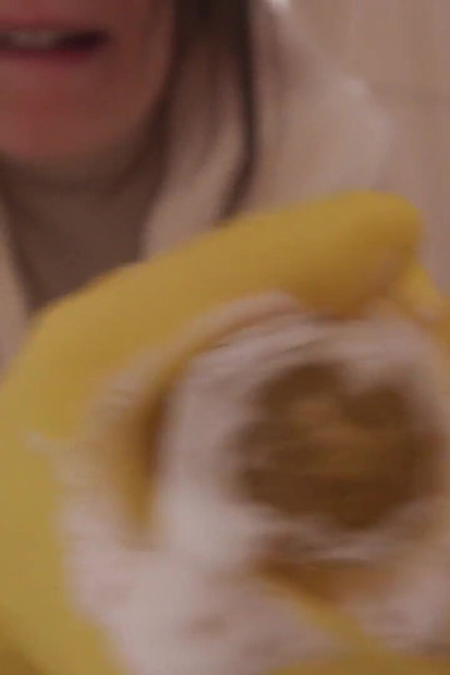 My Stepsister in Yellow Dishwashing Gloves Takes a Bath with a Dildo and Lots of White Foam and Soap