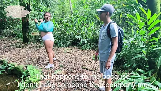 Chubby with glasses training in the woods lets a stranger rip her pants