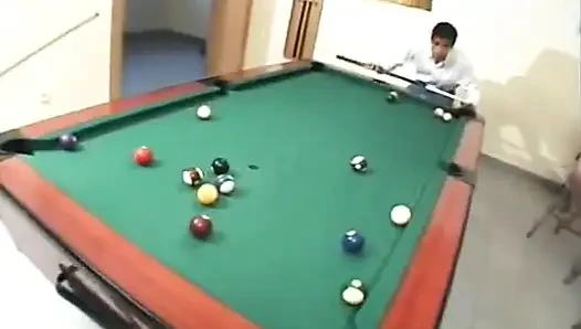 Gorgeous brunette spitroasted on the billiard table