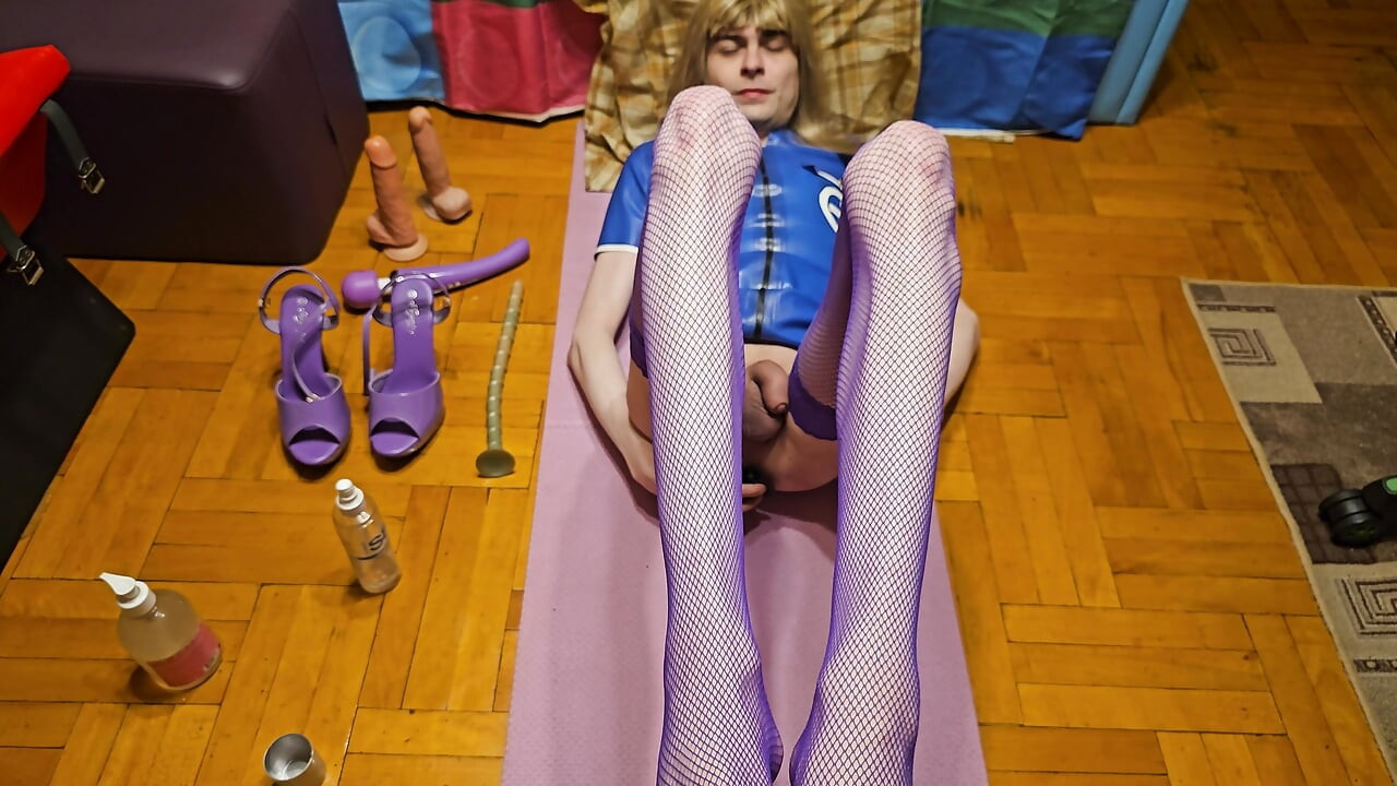 Sissy in latex blue nurse have anal very long deep extreme dildo amateur homemade