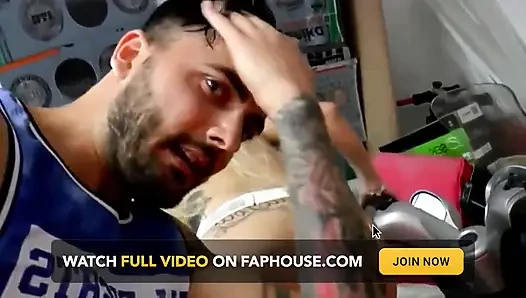 Sexy Blonde with Big Tits with Tattoo Gets Fucked Hard in the Workshop by a Hard Cock