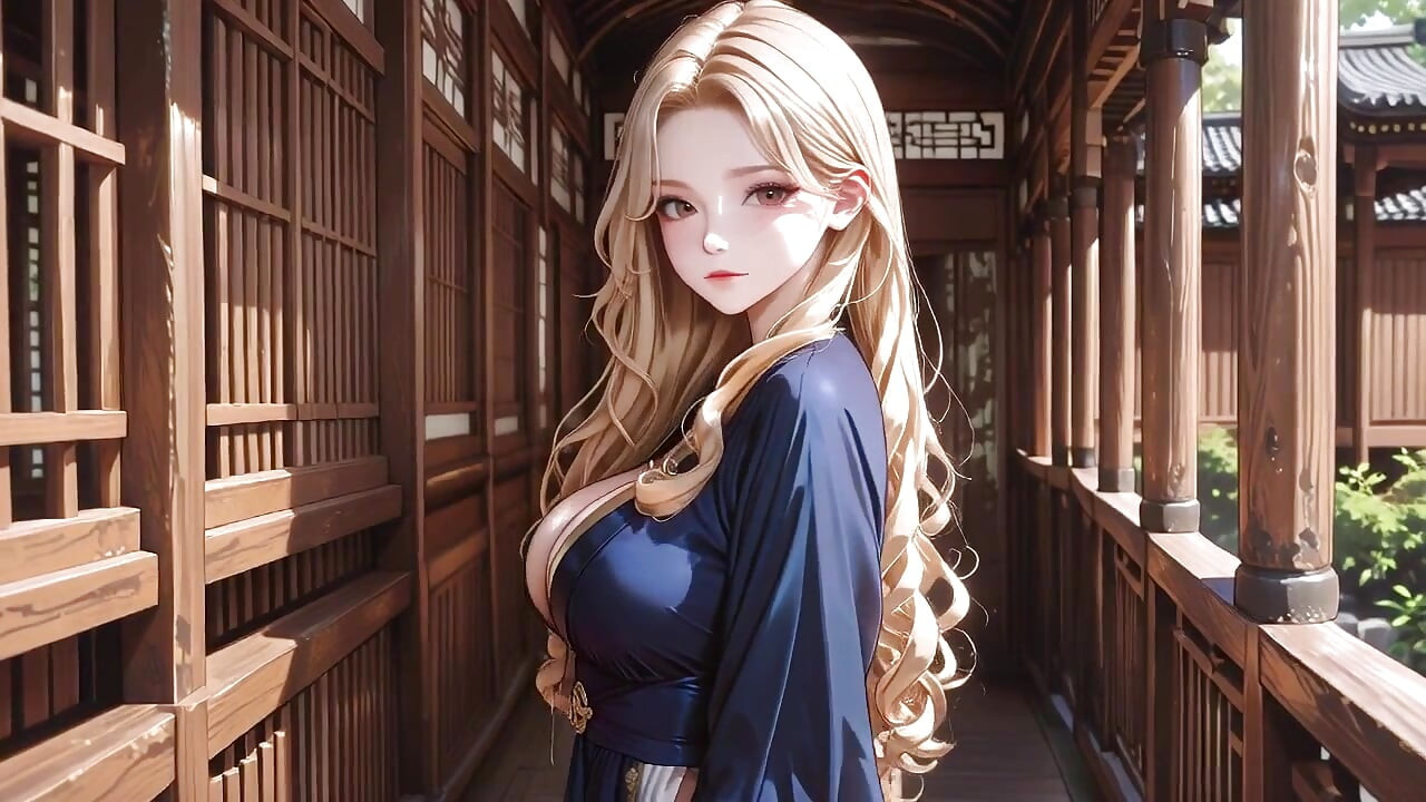 Blonde Goddess in Silk! Lazy Strolls, Kneeling Glances, and Fingertips Grazing Her Chest in a Sun-drenched Japanese Corridor
