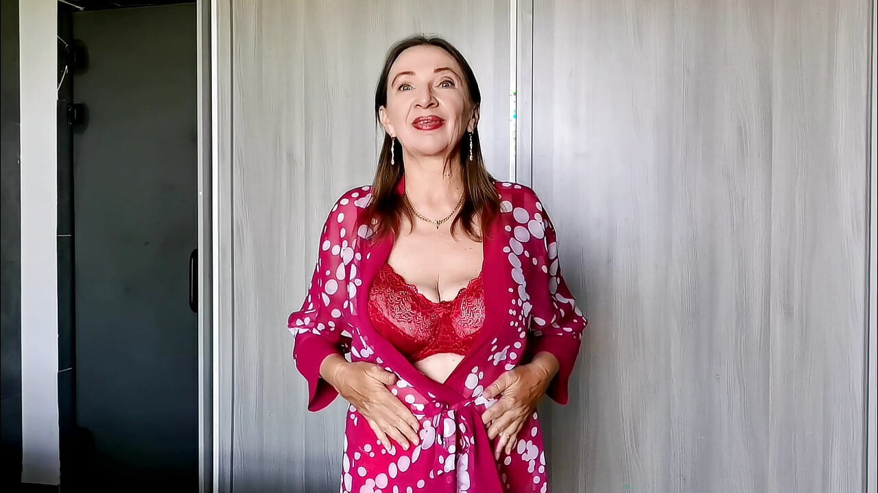 Red Lingerie Seduction: Mature Beauty Slowly Undresses Until Only Her Stockings Remain