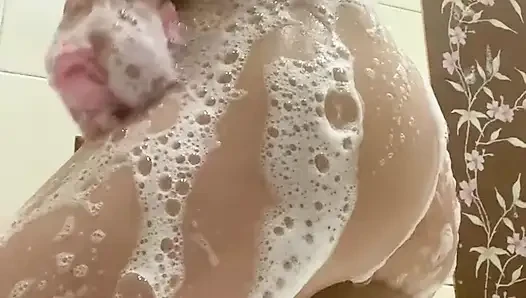 the dirty slut washed her sweet lustful body in foam in the shower and spread her ass