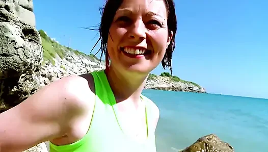 brunett babe taken to the beach to fuck