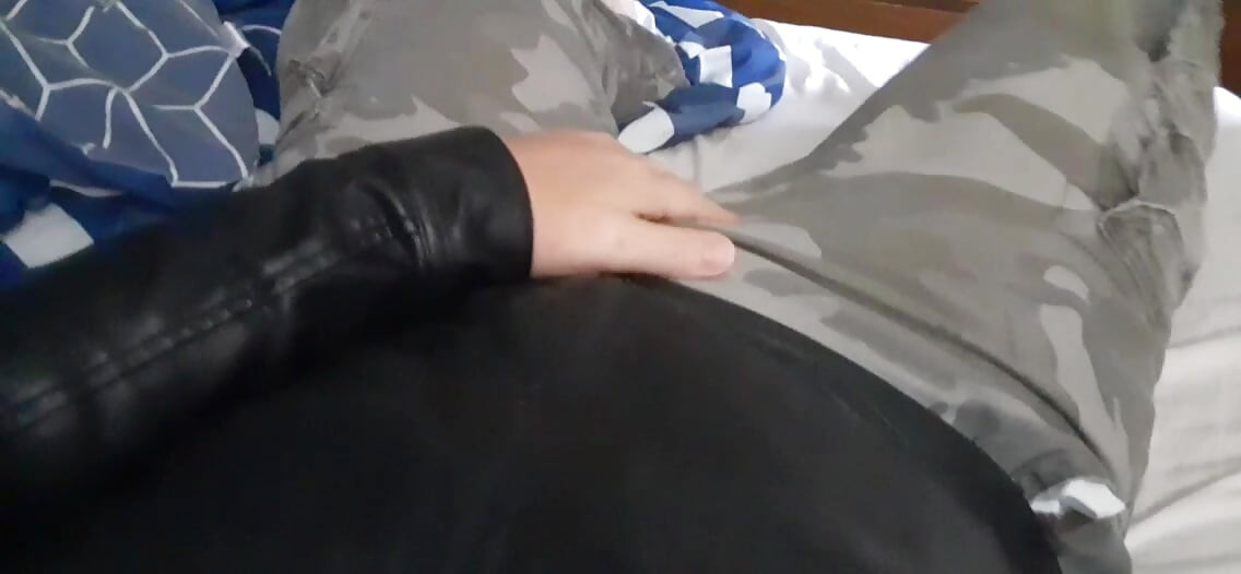 Cum in a black leather jacket